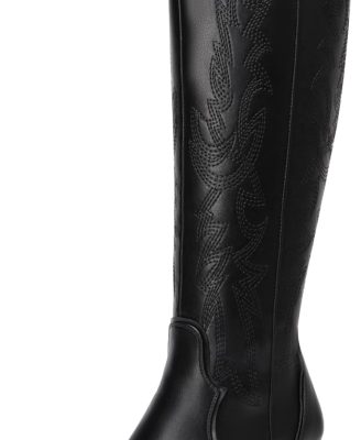 Womens Cowboy Boots Wide Calf Comfortable Pull On Zipper Chunky Heel Pointed Toe Embroidered Western Cowgirl Knee High Boots Girls Ladies Retro Tall Boot