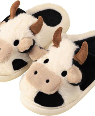 Cartoon Cow Cotton Slippers, Winter Indoor Outdoor Slippers for Women